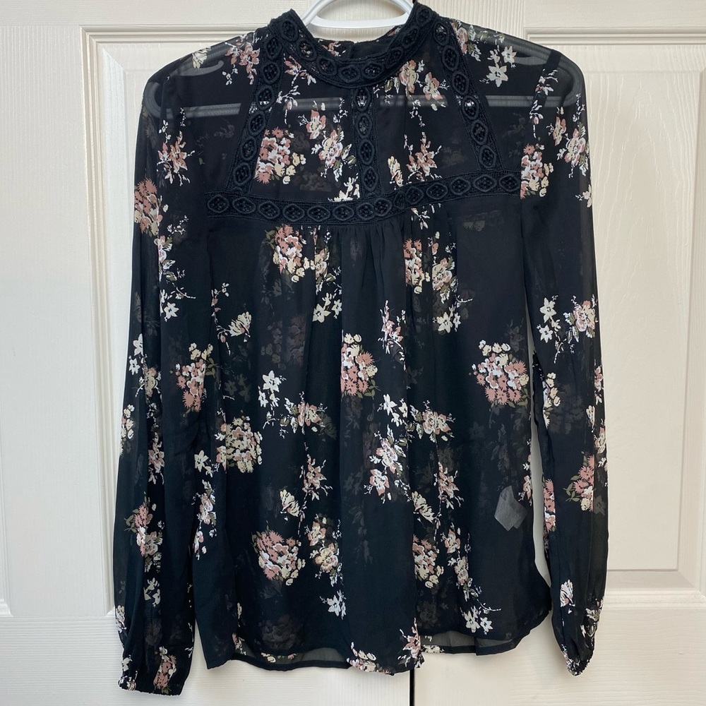 Lucky Brand Long Sleeve Floral Black Sheer Top